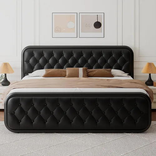 Vista 8 de Feonase Marco de cama tamaño completo, marco de cama resistente con cabecera de piel sintética, cama de plataforma tapizada con listones de metal