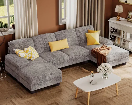 Vista 11 de Furmax - Sofás seccionales para sala de estar, sofá en forma de U con tela de lino, juego de sofá de 4 plazas con doble chaise para apartamento Beige