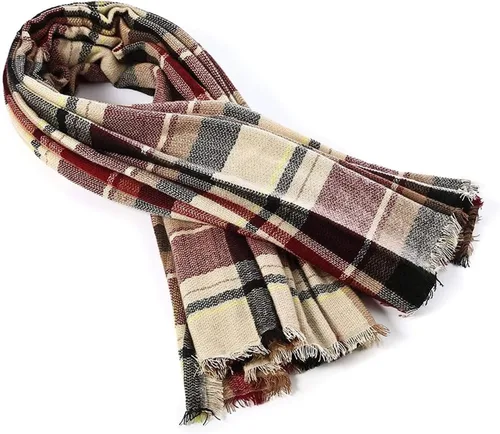 Vista 4 de Bufanda de invierno clásica con borlas a cuadros, cálida, suave, gruesa, grande, chal largo para mujer