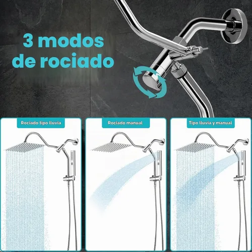 Vista 3 de Cabezal de ducha de lluvia, cabezal de ducha rectangular de 12 x 8 pulgadas con rociador de mano, juego de cabezal de ducha doble con barra