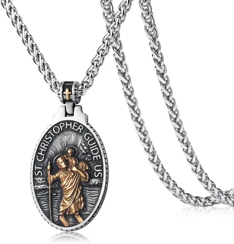 Vista 13 de Collar de San Cristóbal/Jorge/Miguel/Jesús/María para Hombre, Medallón de Santos Patrones, Joyería de Acero Inoxidable