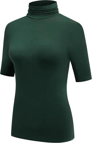 Vista 2 de OThread & Co. Camiseta de cuello alto de media manga para mujer, capa elástica básica, cómoda, cuello alto