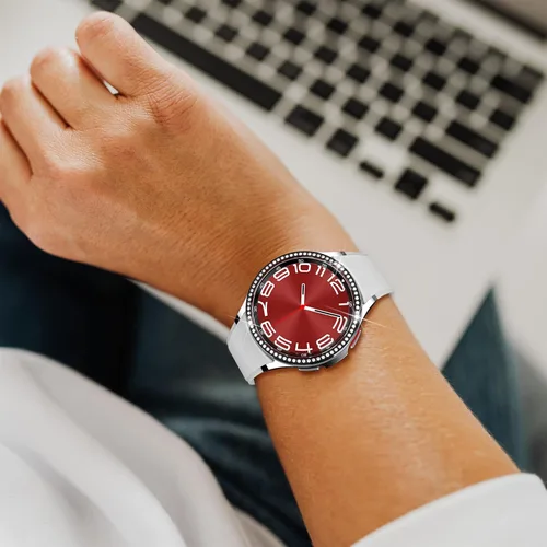Vista 6 de Funda de bisel compatible con Samsung Galaxy Watch 6 Classic de 1.693 in, acero inoxidable, anillo de bisel brillante, cubierta adhesiva