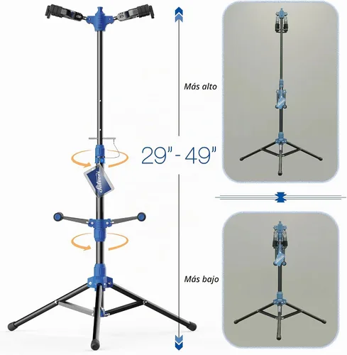 Vista 4 de Salvori Soporte plegable doble para guitarra con sistema de bloqueo automático y trípode sólido, soporte/soporte/estante doble/múltiple para bajo