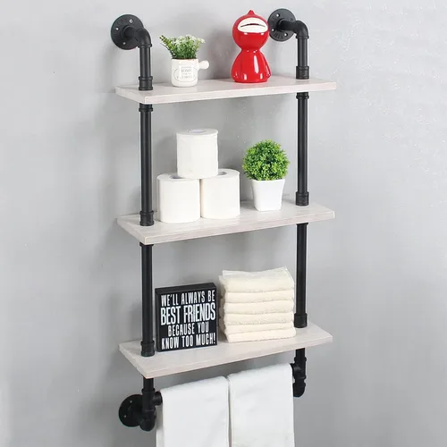 Vista 19 de MBQQ Estante de tubería industrial para baño, estantes montados en la pared, estante de madera rústica de 19.6 pulgadas con toallero, toallero