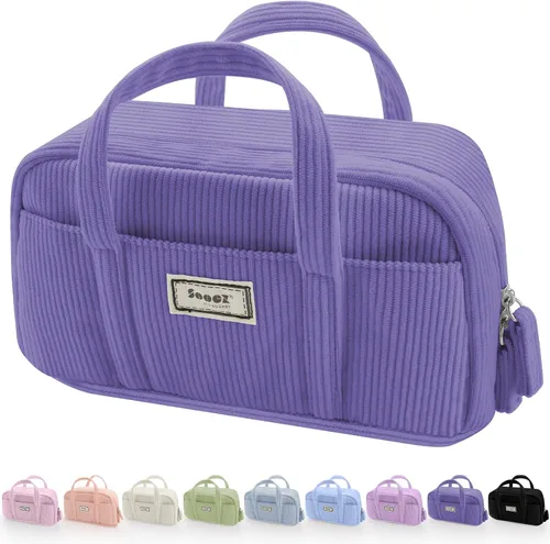 Vista 14 de Sooez Estuche grande para lápices, extra grande con 5 compartimentos, bolsa para bolígrafos de amplia apertura, organizador de pana suave con Beige