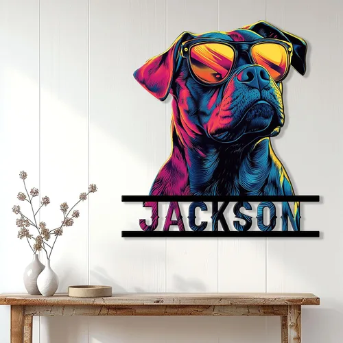 Vista 3 de Letrero de metal personalizado con diseño de perro Pitbull, bandera de Estados Unidos, letrero colgante para porche al aire libre, bienvenida