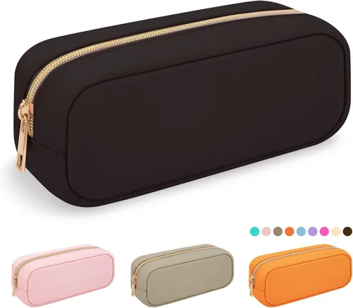 Vista 34 de Iqimott Bolsa Grande de Maquillaje de Nylon, Neceser de Viaje, Bolsa Grande de Cosméticos Preppy, Organizador de Maquillaje de Nylon, Bolsa de Beige
