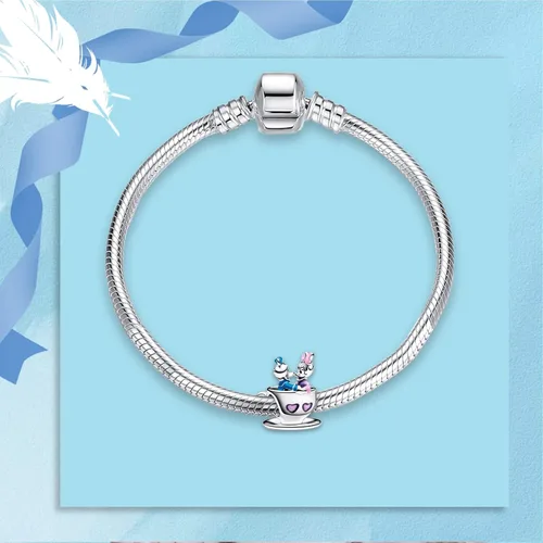 Vista 4 de Dijes de plata de ley 925 de dibujos animados de pato, ratón, oso, elefante, dragón chino, cuentas colgantes para pulseras y collares, joyería