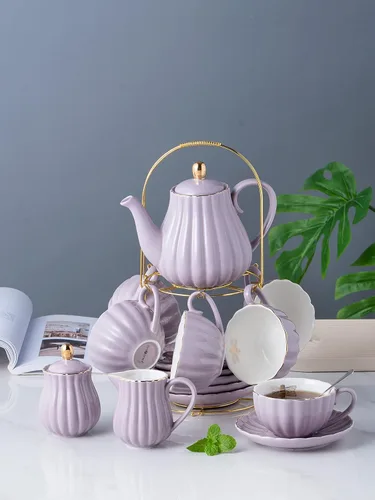 Vista 5 de Jusalpha Serve para 6 - Juego de tazas de té y platillos de porcelana fina rosa, tazas de 8 oz y platillo, con tetera, azucarero, jarra para crema