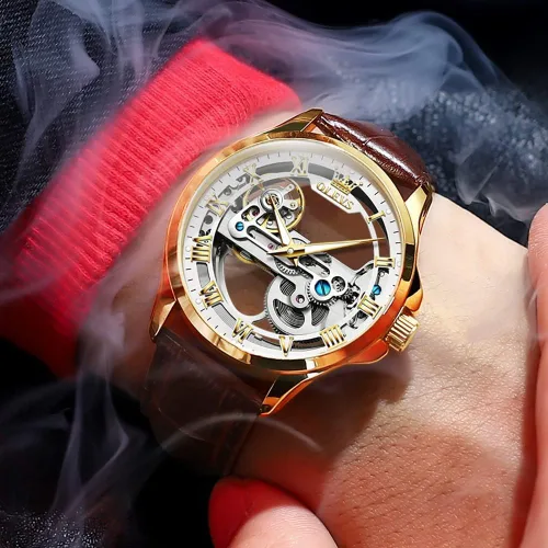 Vista 21 de OLEVS Relojes de esqueleto para hombre, automático, mecánico, de lujo, de cuero, impermeable, luminoso, reloj de pulsera para hombre