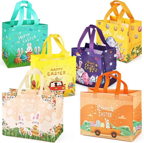 Vista 9 de Aviski 12 bolsas de caza de huevos de Pascua de varios tamaños, bolsa de regalo de huevos de gallina de zanahoria con asas, bolsas de regalo