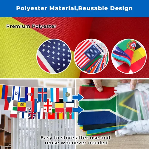 Vista 5 de 100 banderas de país de 82 pies, banderas de poliéster reutilizables del mundo pre-encordadas para decoración de aula, fiesta, festival, patio