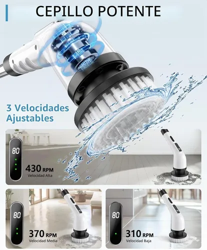 Vista 3 de Limpiador eléctrico giratorio inalámbrico – 3 velocidades recargable, mango ajustable y desmontable, cabezales de cepillo 9 en 1, cepillos