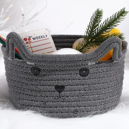 Vista 18 de Zopeal Cesta de almacenamiento tejida para gatos, organizador tejido con orejas, juguete decorativo de Navidad para mascotas, bonita canasta