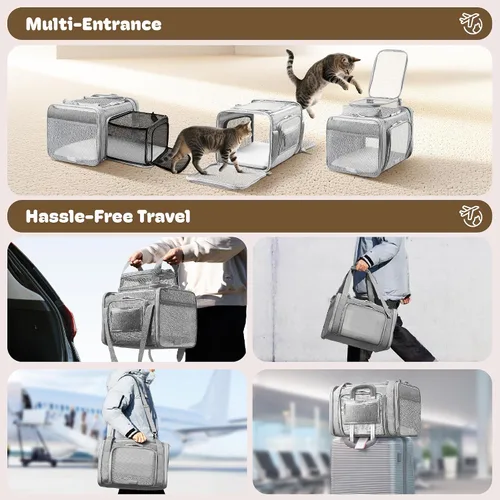 Vista 6 de Transportador de gatos extensible superior y de 2 lados de 17 x 11 x 11 pulgadas, aprobado por la aerolínea TSA, para perros medianos, transportador