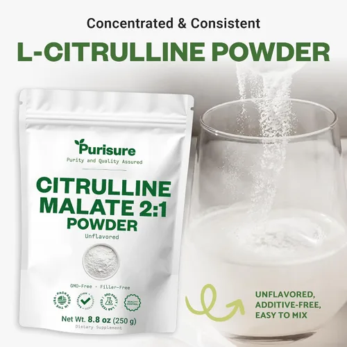 Vista 5 de Purisure L-Citrulina en polvo 8.82 oz, suplemento de malato de citrulina 2:1 de alta calidad para rendimiento de fuerza y energía, polvo de malato