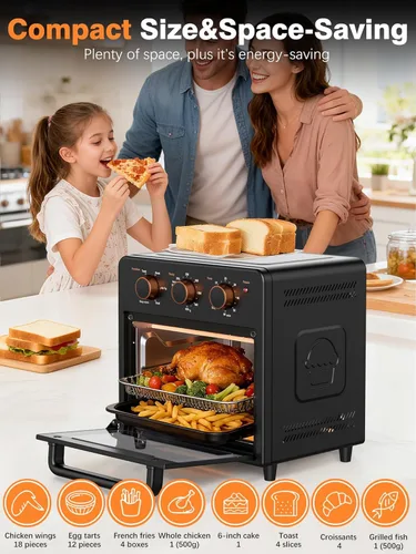 Vista 4 de OUNIN Horno tostador y freidora de aire con infusión de vapor, 12L compacto, apto para encimera, precalentamiento rápido con opciones de hornear