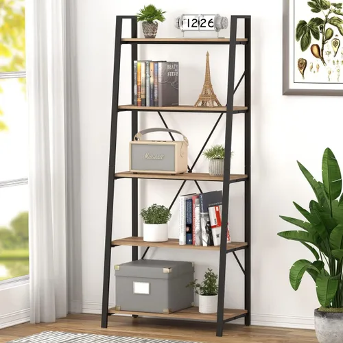 Vista 13 de BON AUGURE - Estantería de escalera, estante de 4 niveles, estantería de madera inclinada para libros para sala de estar, dormitorio, unidad