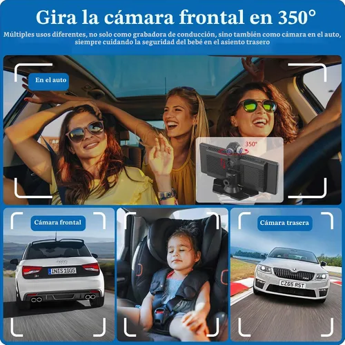 Vista 5 de Carpuride Carplay inalámbrico portátil 4K W903 y Android Auto con cámara de salpicadero, pantalla HD IPS de 9.3 pulgadas, cámara frontal 4K