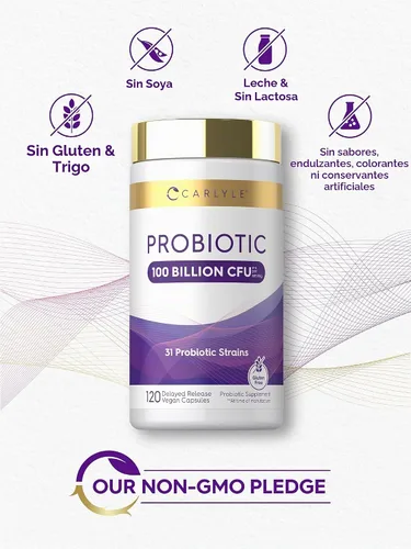 Vista 5 de Carlyle Probiótico 100 mil millones de UFC 120 cápsulas Liberación 31 cepas probióticas Con fibra prebiótica Veganas, sin OMG, sin gluten