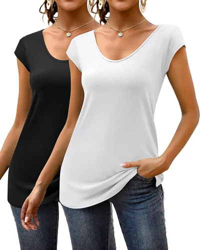 Vista 2 de Ficerd Paquete de 2 camisetas de manga casquillo para mujer, ajuste holgado, casual, cuello en V, básicas, elegantes, camisetas sin mangas