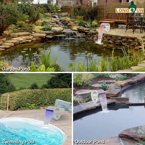 Vista 11 de LONGRUN Fuente de piscina de acero inoxidable en forma de J, con control de RF y aplicación, kit de cascadas para estanques al aire libre