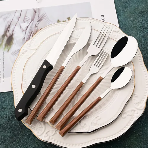 Vista 3 de Juego de cubiertos con cuchillos para carne, 48 piezas, juego de cubiertos para 8 cubiertos de acero inoxidable con mango de grano de madera