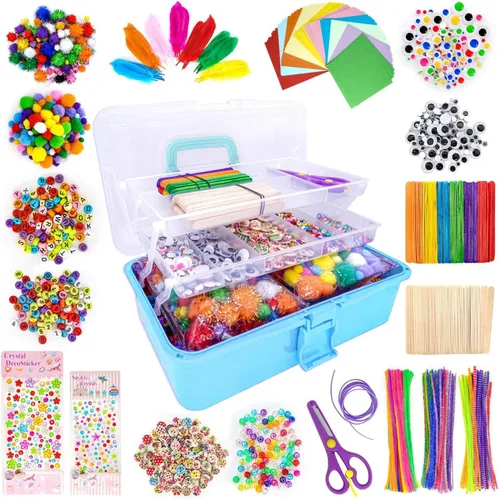 Vista 11 de kortes Suministros de arte y manualidades jumbo para niños, juego de suministros de arte de bricolaje incluye limpiapipas, pompones, plumas, caja