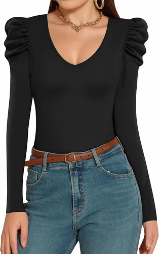 Vista 2 de MANGOPOP Body de manga abombada para mujer, cuello en V, manga larga, elegante, casual