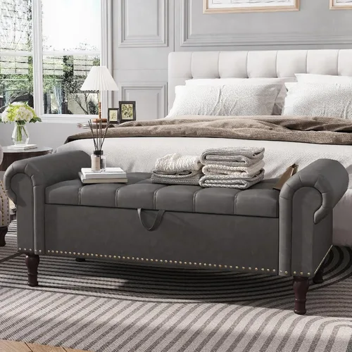 Vista 19 de Apicizon Banco de almacenamiento para dormitorio, banco tapizado en el Piernas beige y marrón