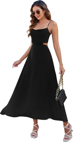 Vista 4 de Umenlele Vestido midi de satén para mujer, sin mangas, con tirantes delgados, sexy, fruncido, para cóctel, fiesta