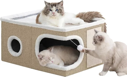 Vista 7 de Casas extra anchas para gatos de interior, cueva grande cubierta Gris