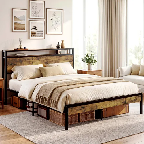 Vista 3 de LIKIMIO Marco de cama tamaño Queen, cama de plataforma con cabecera de almacenamiento de 2 niveles Marco de cama de metal, sólido y estable, sin