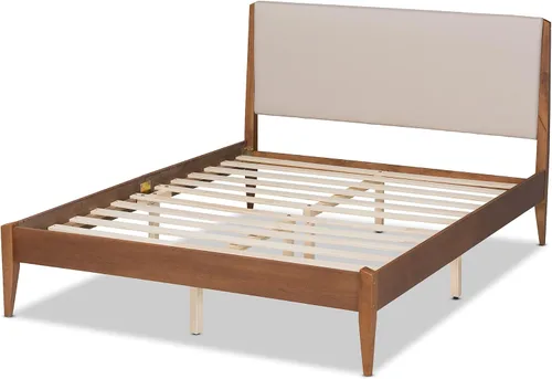 Vista 4 de Baxton Studio Lenora Mid-Century - Cama de plataforma tapizada de tela beige moderna y acabado marrón nogal, tamaño King