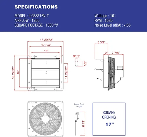 Vista 2 de Iliving ILG8SF16V-T Ventilador Extractor de Pared con Persiana, 16" - Velocidad Variable, Plateado