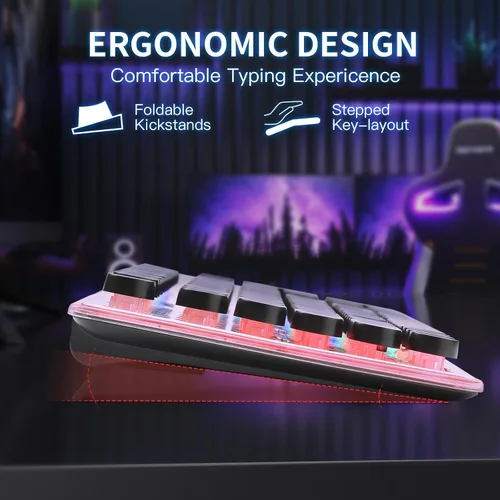 Vista 3 de Teclado estilo máquina de escribir con panel de metal, retroiluminación LED arcoíris, teclas redondas, anti-fantasma, resistente a derrames, luz USB