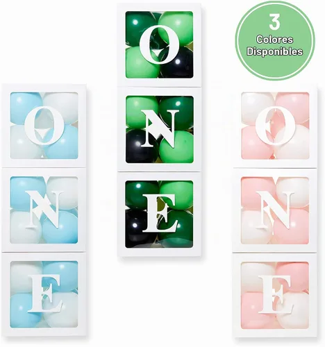 Vista 4 de Cajas de Globos de Primer Cumpleaños 'ONE' para 1 Año CON 24 Globos - Decoraciones de Primer Cumpleaños para Bebé Bloques de Cubo Transparente Verde