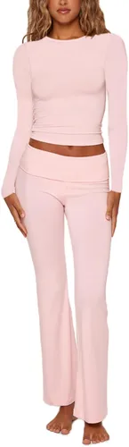Vista 2 de Adoeren Conjunto sexy de 2 piezas para mujer, camiseta corta ajustada de manga larga, pantalones acampanados de tiro bajo, conjunto de pantalones