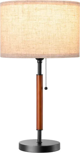 Vista 8 de EDISHINE Lámpara de mesa de mediados de siglo, lámpara de noche con interruptor de cadena con pantalla de lino, poste de madera maciza y base