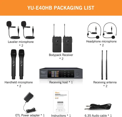 Vista 9 de Sistema de micrófono inalámbrico Hiberr UHF con 2 portátiles y 2 paquetes de cuerpo Incluye 2 micrófonos de mano y 2 bodypack para iglesia