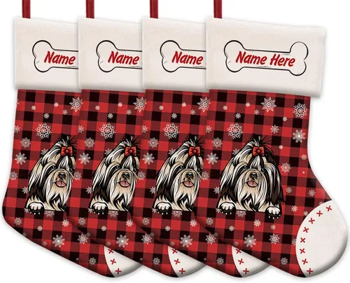 Vista 22 de Foto personalizada, Feliz Navidad, búfalo rojo, a cuadros, feliz perro, calcetín de Navidad, copo de nieve, decoración de vacaciones, calcetín