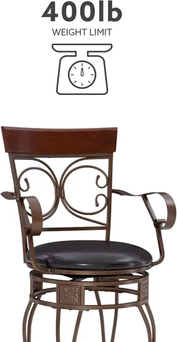 Vista 6 de Powell Dayne - Taburete grande y alto de 24 asientos con brazos en metal de bronce oscuro con asiento acolchado de piel sintética marrón oscuro