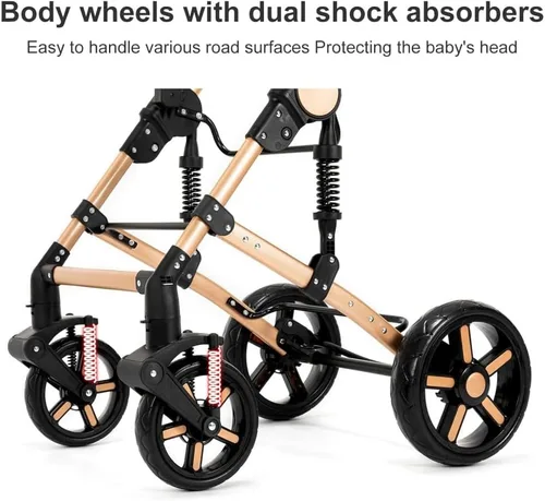 Vista 5 de Cochecito de bebé convertible 2 en 1, color negro Triangular Stability Frame, Front-Wheel Spring Suspension, One-Click Fold Design For Newborns &