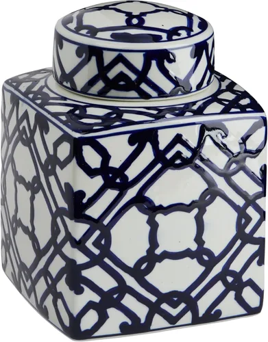 Vista 9 de Creative Co-Op - Tarro decorativo cuadrado de cerámica de jengibre con tapa para espacios pequeños, azul y blanco