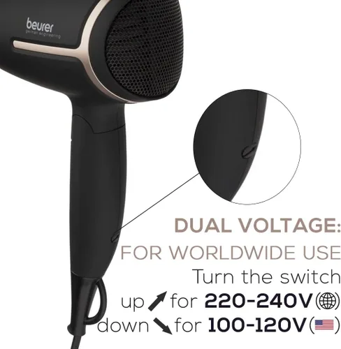Vista 3 de Beurer HC25 - Secador de pelo iónico para viajes con interruptor de voltaje, secador antiencrespamiento de 1600 W, mango plegable, estilizador