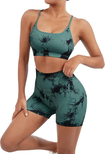 Vista 4 de SUUKSESS Conjuntos de entrenamiento sin costuras para mujer, sujetador deportivo con tiras y cintura alta, pantalones cortos