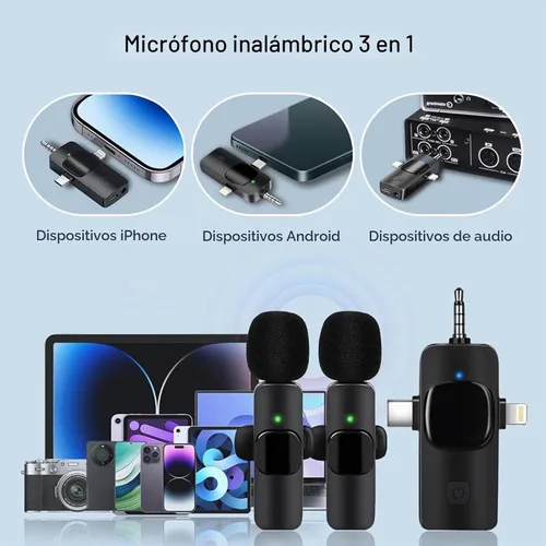 Vista 2 de Mini micrófono, micrófono inalámbrico 3 en 1 para iPhone, iPad, Android, cámara, micrófonos de solapa inalámbricos profesionales para grabación