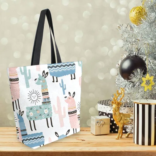 Vista 3 de SUABO Bolsa de asas de cocina reutilizable para comestibles, bolsa de compras de lona para exteriores Llama