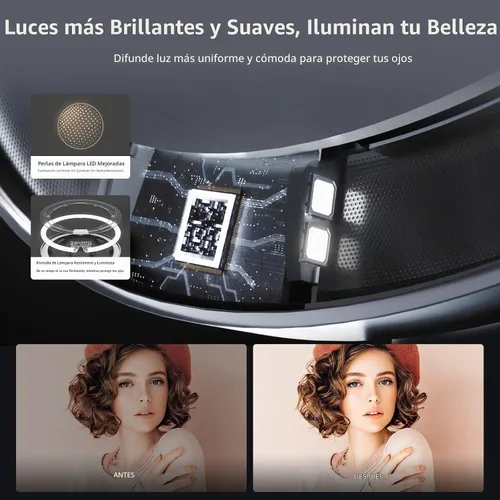 Vista 8 de AMIRO Espejo de maquillaje iluminado de 9" con sensor inteligente y control táctil, 3 colores y 6 niveles de brillo, recargable e inalámbrico Negro